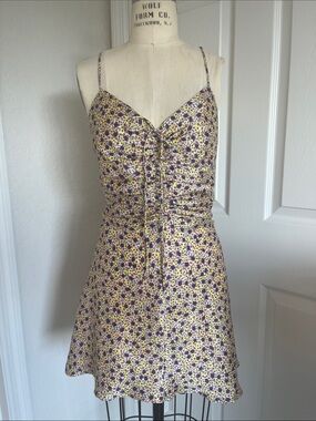 Zara Yellow & Purple ruched Tie-Front Mini Dress flowly feminine garden floral
